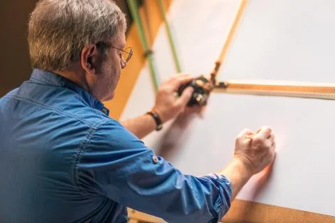 The mature creative engineer working with project on drawing board Fotos de archivo