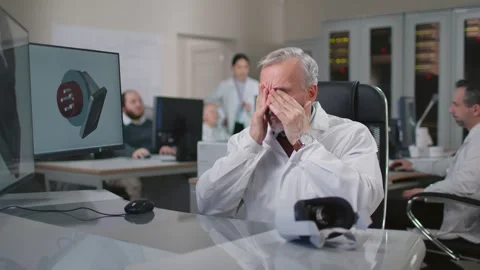Mature engineer in lab coat remove vr headset and massage tired eyes Video stock 243631808