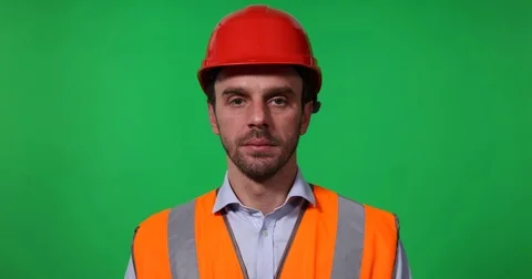 Mature Engineer Man Posing Worker Male Looking Camera Green Screen Background Stock Footage 73568792