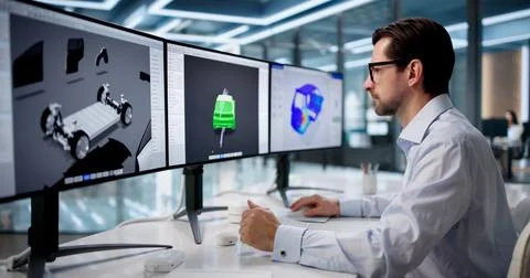 Mature Engineer Uses CAD Software To Test Car Airflow And Design Parts. Stock Photos