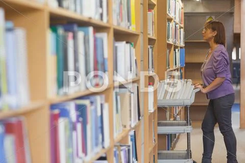 Mature female librarian pushing a cart in library Stock Photos