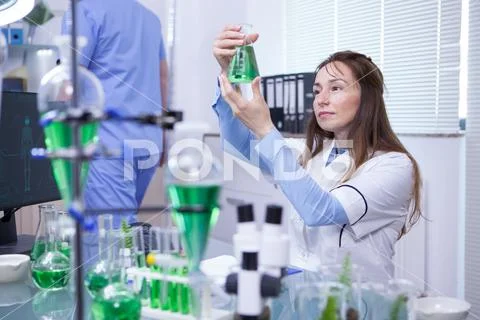 Mature female scientist making scientific test in her research lab Stock Photos
