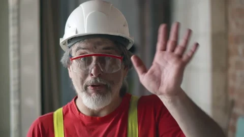 Mature foreman builder having video chat with contractor Stock Footage 133639075