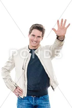 Mature handsome man saluting high five Stock Photos