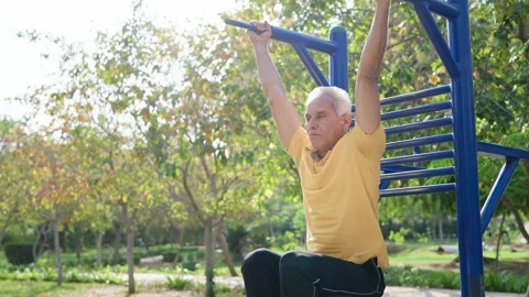 Mature Indian man doing pull ups in public garden gym during morning sunlight Stock Footage 247999180