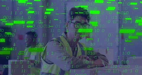 Mature Korean warehouse worker tapping wrist scanner activating data overlay for Stock Footage 317206659