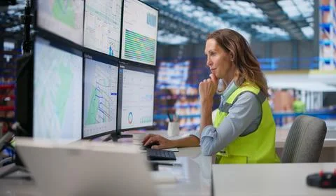Mature Logistics Manager Uses Multiple Screens For Efficient Warehouse Planni Stock Photos