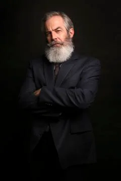 Mature male model wearing suit with grey hairstyle and beard Stock Photos