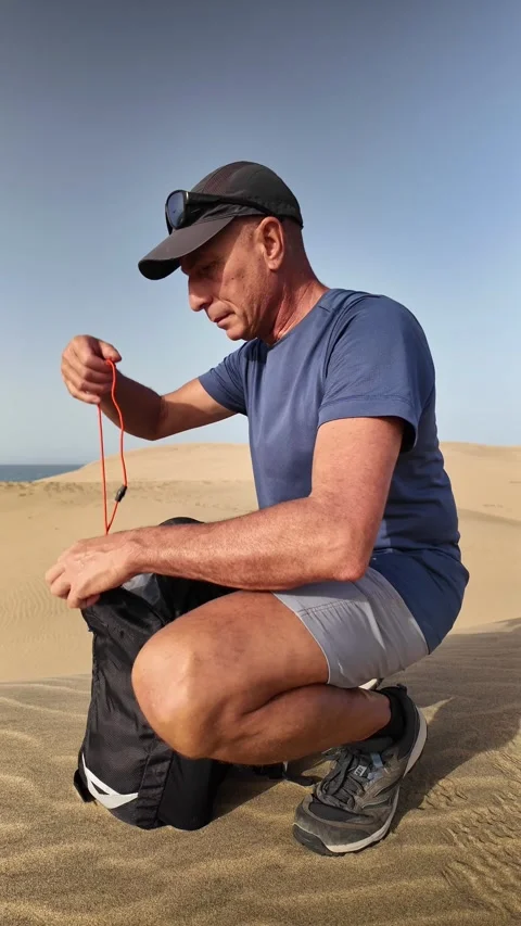 Mature man checking his compass during an excursion in the desert Stock Footage 345093113