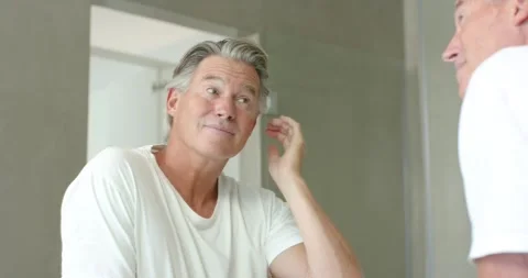 Mature man facing bathroom mirror, styling hair and checking face, assessing Stock Footage 340257370