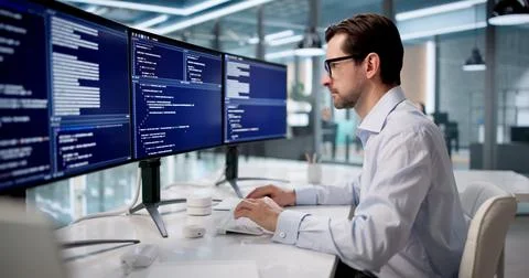 Mature Man Focused On Coding Software At Desk In Modern Office. Foto stock