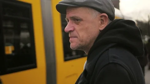 Mature man gets on the tram Video stock 82865657