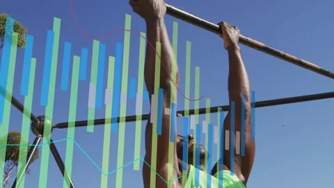 Mature man gripping pull-up bar, pulling body up building fitness as animated Stock Footage 332902072