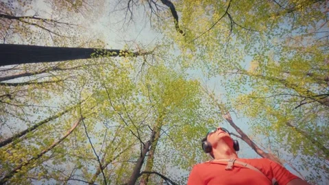 Mature man hiking, looking up at forest canopy, mindfulness in nature 4k. 動画素材 334090551