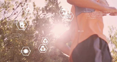 Mature man jogging past camera, motion causing HUD icons aligning around runner 스톡 동영상 331287028