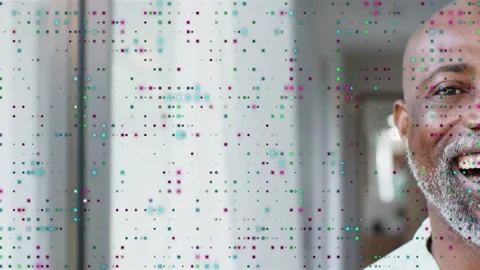 Mature man leaning into hall, dot overlay scattering, revealing smile, causing Stock Footage 333539819