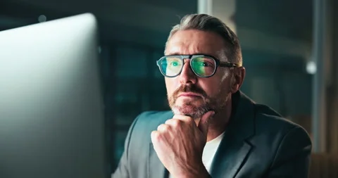 Mature man, night and computer for thinking in office, senior software developer Stock Footage 301367916