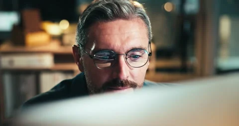 Mature man, night and computer for plan in office, senior software developer and Stock Footage 301391987