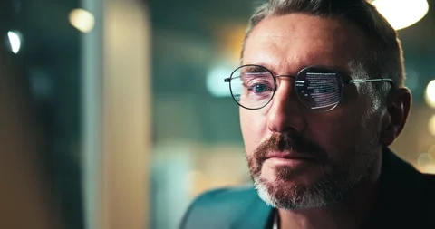 Mature man, night and computer for thinking in office, senior software developer Stock Footage 301394411