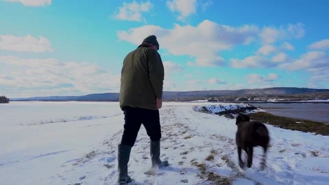 A mature man out getting some exercise by the sea with his puppy. Stock Footage 149302724