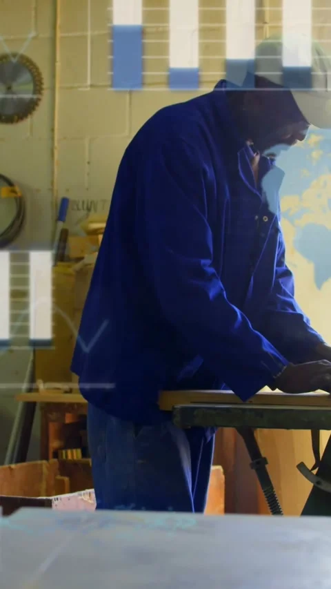 Mature man placing hands on board at bench, bar charts globe code guiding Stock Footage 331215469