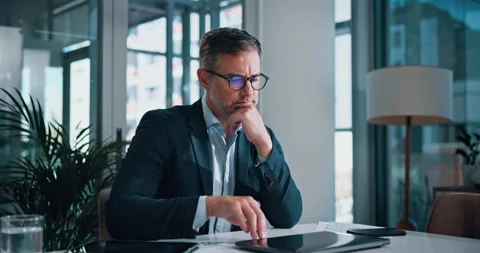 Mature man, reflection and laptop in office with thinking, break and worry for Stock Footage 301318501