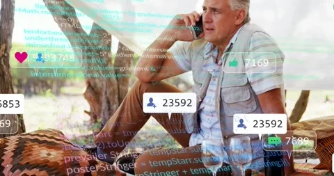 Mature man taking personal call at picnic, green code and social media alerts Stock Footage 331235652
