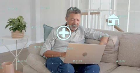Mature man tapping laptop touchpad and activating floating icons while analyzing Stock Footage 322203598