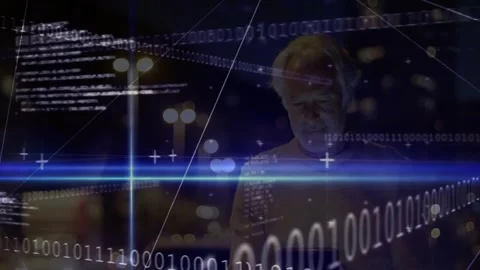 Mature man touching laptop at rooftop, typing and animating binary network lines Stock Footage 328015860