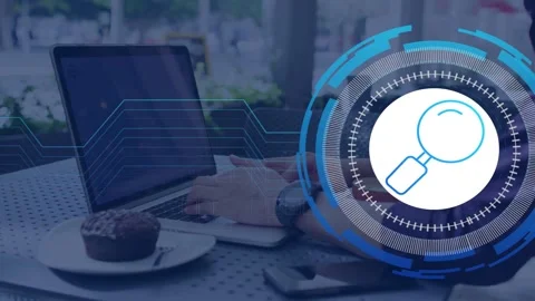 Mature man typing at cafe, typing initiating magnifier HUD expanding data lines Stock Footage 335235773