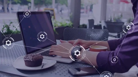 Mature man typing on laptop causing gears and lines expanding over hands, Stock Footage 334465802