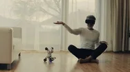 Mature Man With Vr Goggles And Robot Smart Dog At Home. Stock Footage
