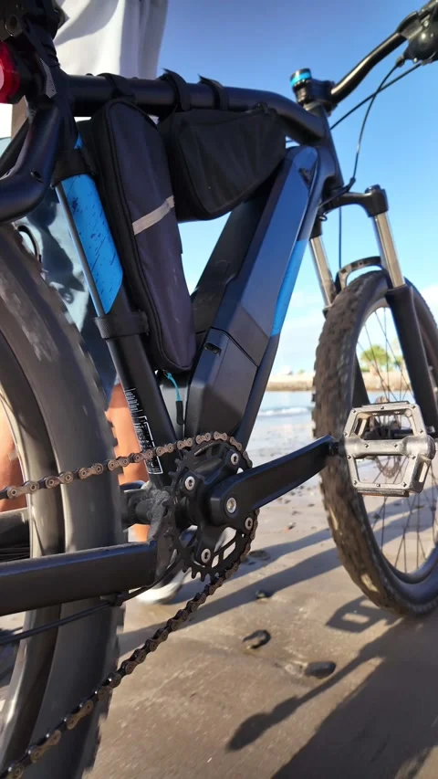 Mature man walking with an electric bicycle on a sandy beach Stock Footage 344816236