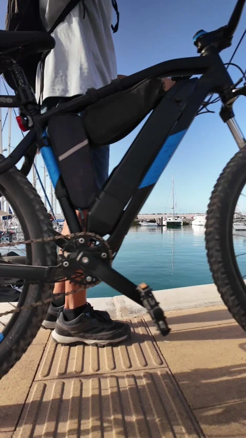 Mature man walking with an electric bicycle at the marina Stock Footage 346561376