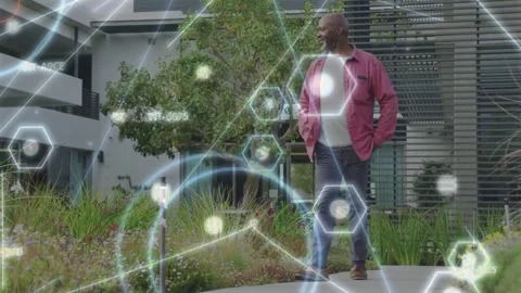 Mature man walking path first step starting AR hexagon network sweeping around Stock Footage 331123694