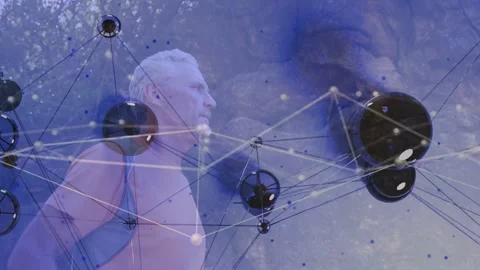 Mature man walking path, motion initiating data network overlay drifting and Stock Footage 333478003