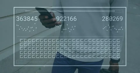Mature man walking by wall, tapping phone and pulling up HUD updating numbers Stock Footage 330894661