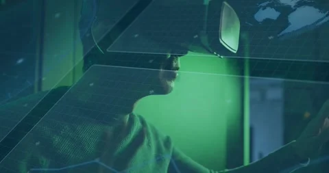 Mature man wearing VR headset raising hand and swiping floating data panels for Stock Footage 330251503