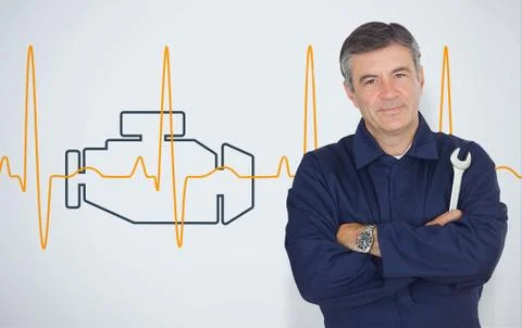 Mature mechanic standing in front of an engine background Stock Illustration