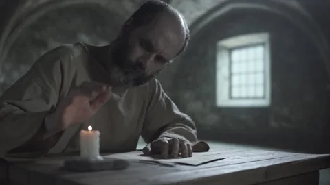 Mature medieval man pausing his writing to warm his hand over a candle Stock Footage 340079857