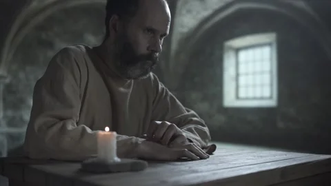 Mature medieval man staring fixedly ahead, scratching his arm inside a cell Video stock 338991478