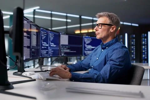 The Mature Programmer Is Developing Cyber Security Software For Businesses 스톡 사진