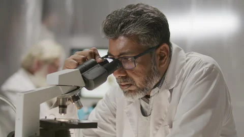 Mature Scientist Conducting Research with Microscope in Archaeology Laboratory Stock Footage 301600600
