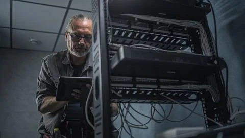 Mature specialist inserts cable into server rack, uses tablet computer 스톡 사진