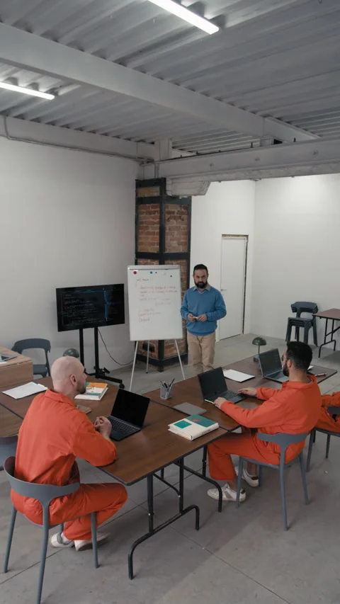 Mature Teacher Conducting Programming Lesson for Diverse Inmates Видео 314053699