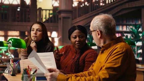 Mature team of performers rehearsing script dialogue together in a library Stock Photos