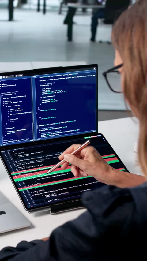 Mature Woman Developer Reviews Code Versions Stockbeeldmateriaal 342989412