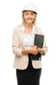 Mature woman supervisor wearing hard hat isolated on white background Stock Photos