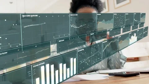 Mature woman tapping floating data panels appearing at table, analyzing shifting Stock Footage 337905059