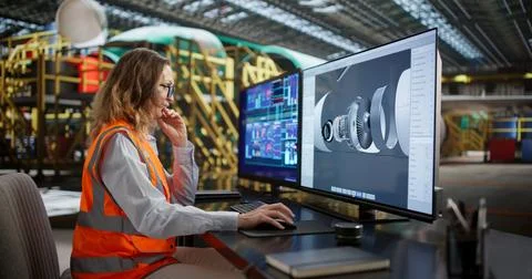 Mature Woman Is Using Computer Technology To Design Aircraft Parts. 库存照片